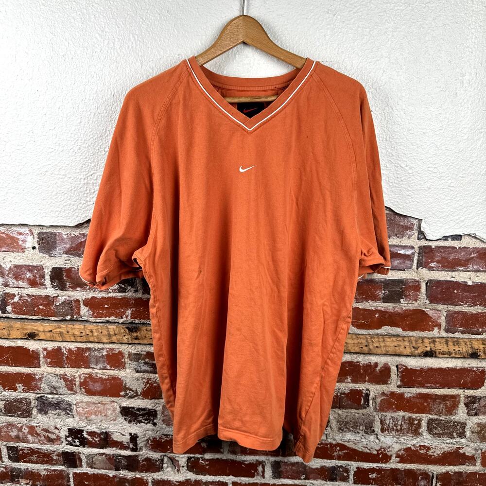 Vintage Nike Shirt Size XL Orange Cotton Short Sleeve V Neck Center Swoosh 90s